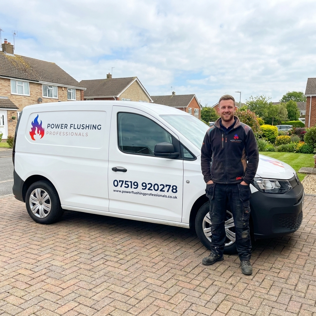 A heating engineer standing beside a branded Power Flushing Professionals service van in a residential street